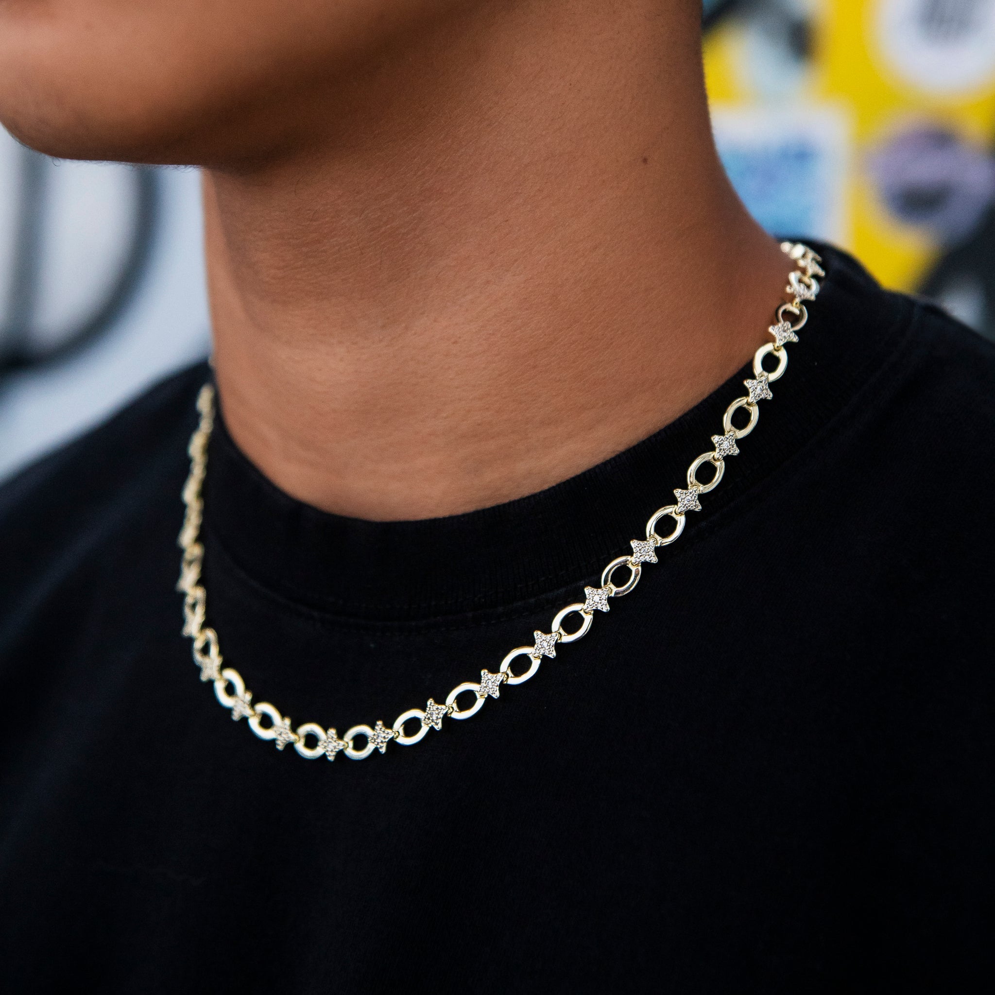 Iced Star Cable Link Chain - Yellow Gold