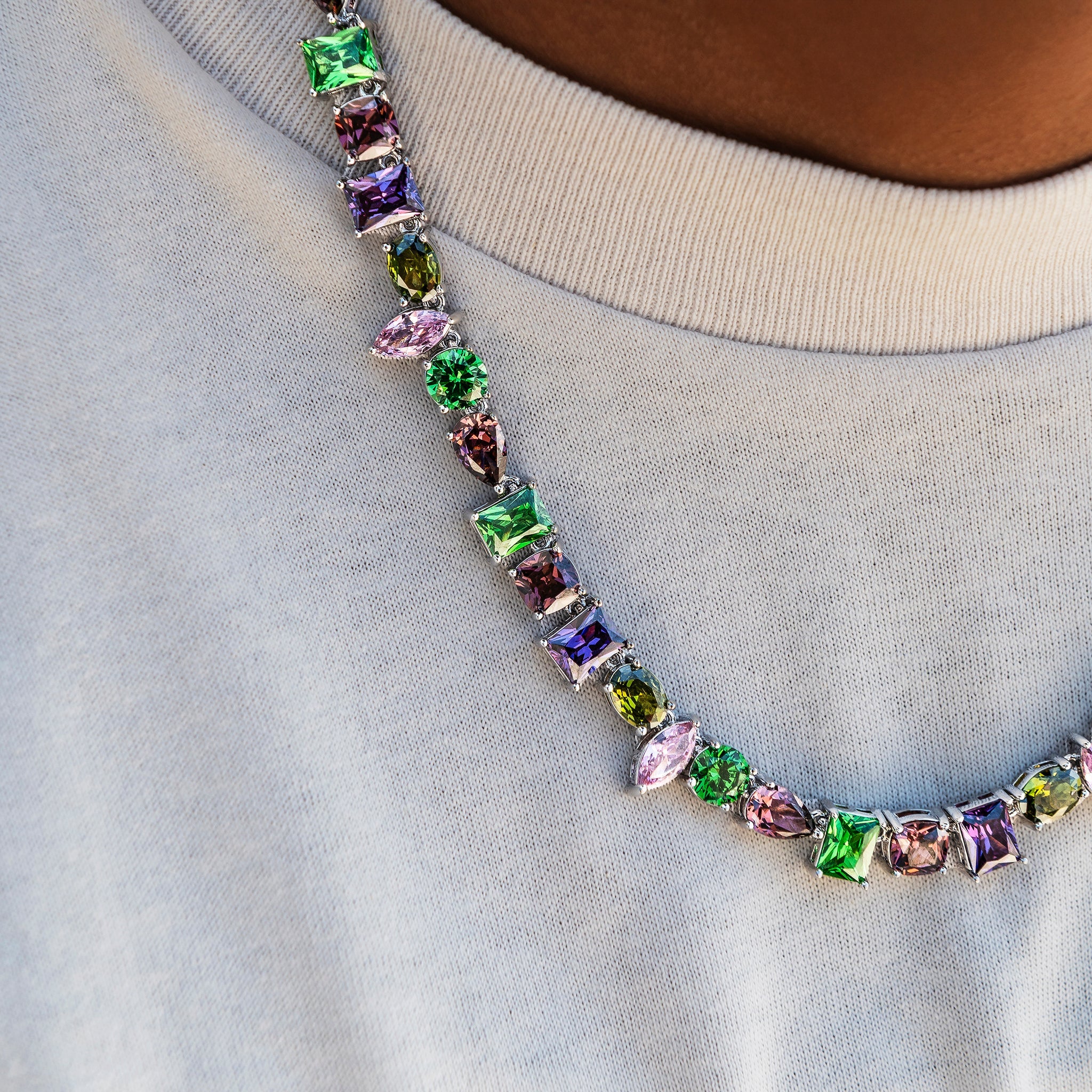 Floating Multicolor Stone Chain in White Gold