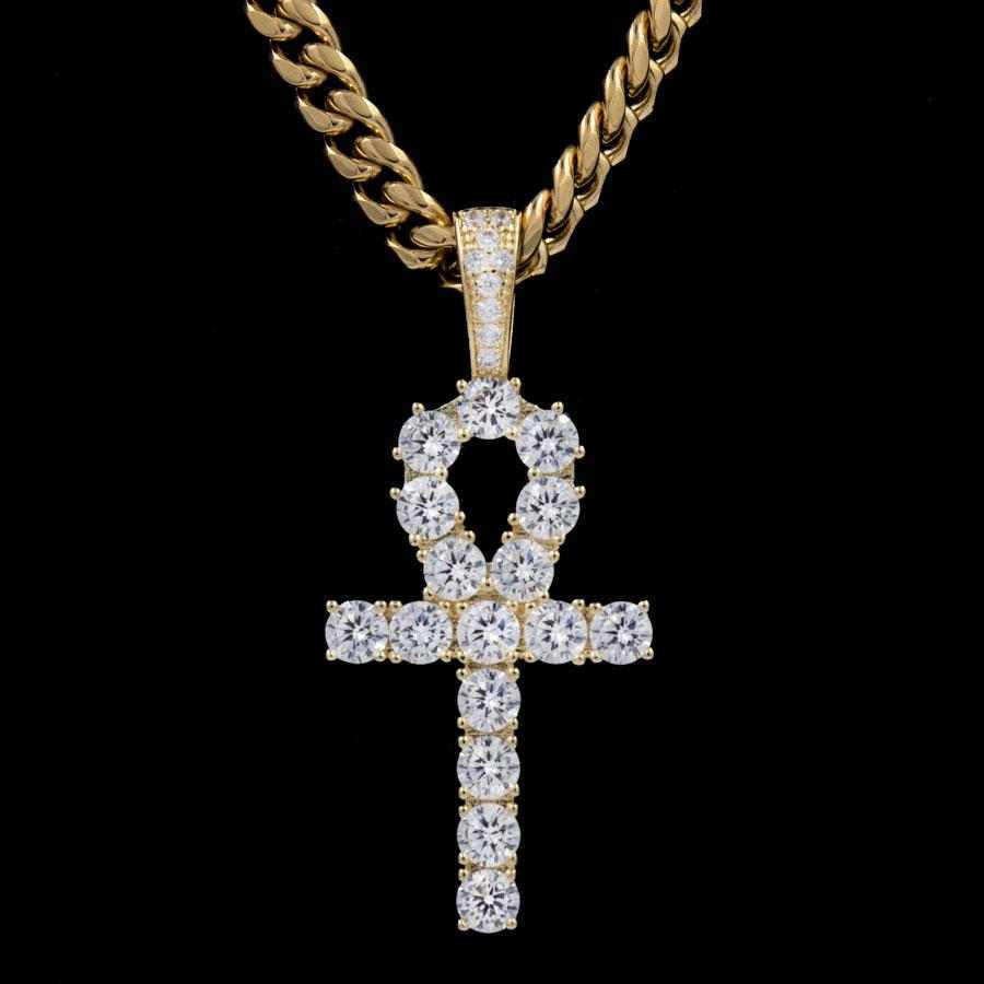 Iced Ankh Cross Pendant in Yellow Gold