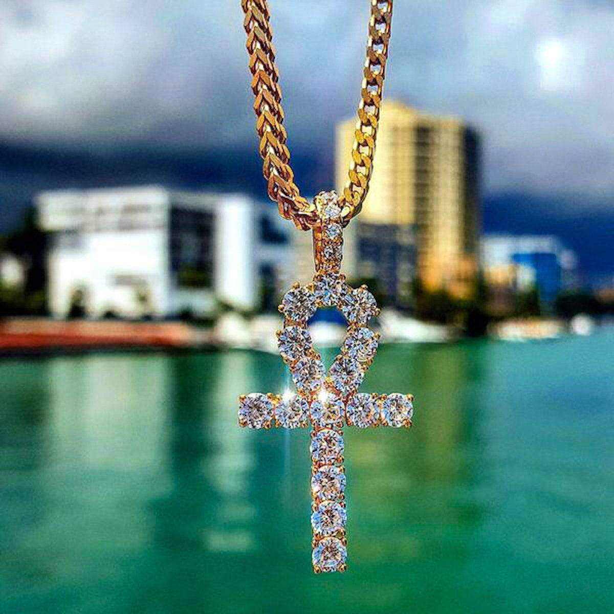 Iced Ankh Cross Pendant in Yellow Gold