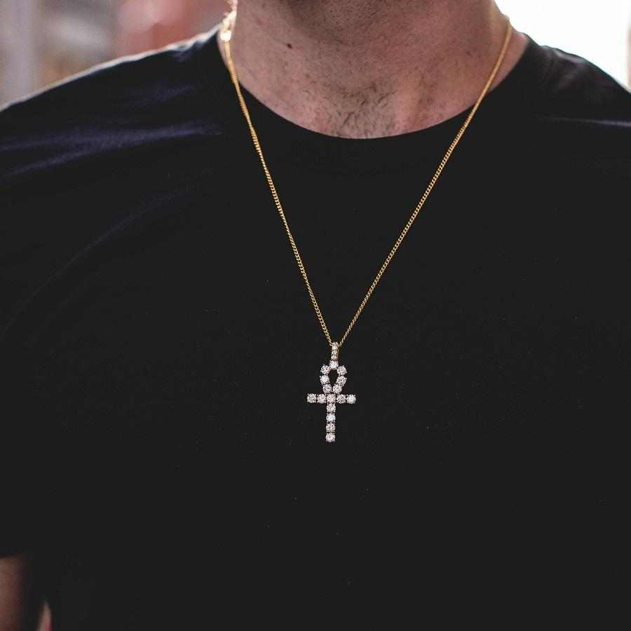 Iced Ankh Cross Pendant in Yellow Gold