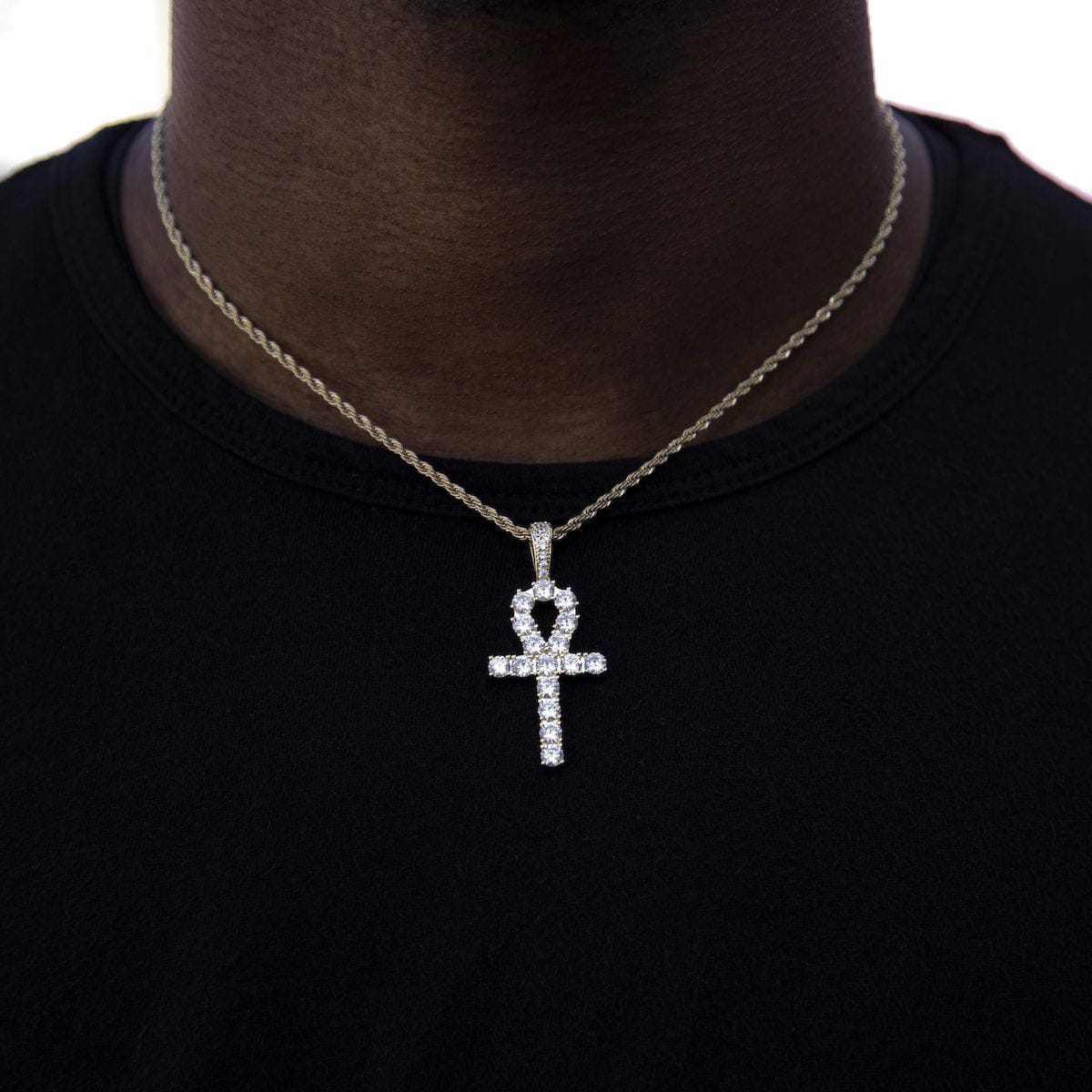 Iced Ankh Cross Pendant in Yellow Gold