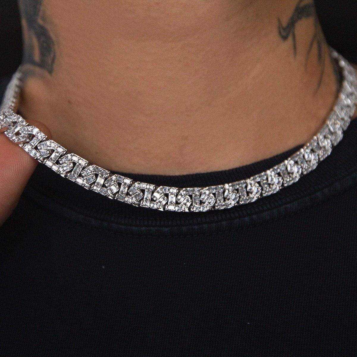 Baguette Chain Link Necklace in White Gold- 8mm