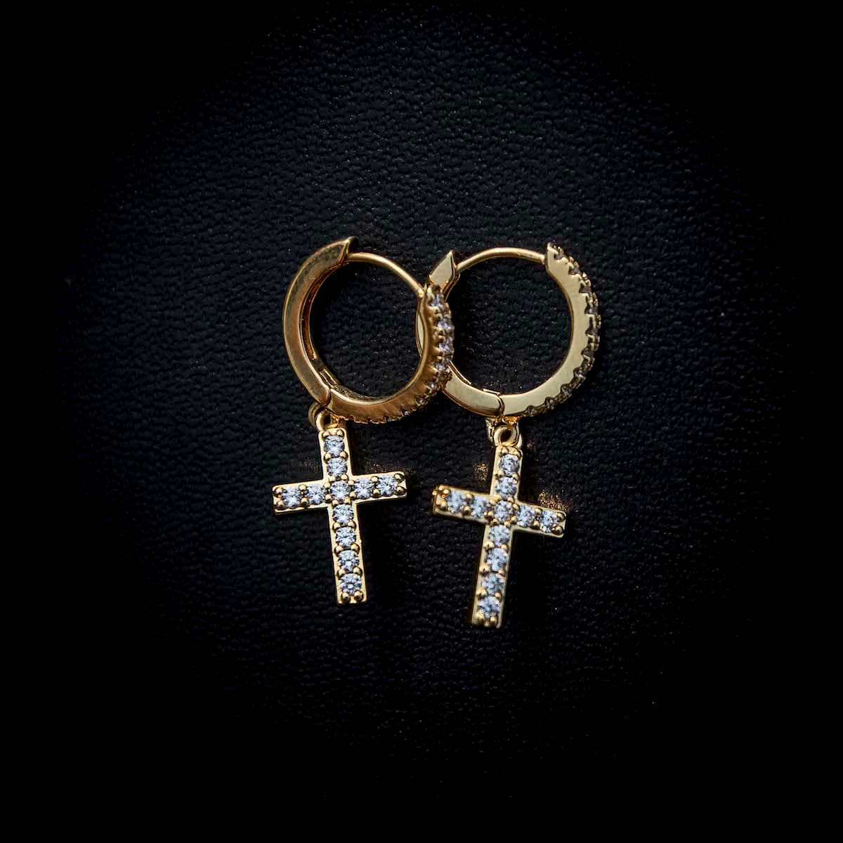 Diamond Cross Hoop Earrings in Yellow Gold