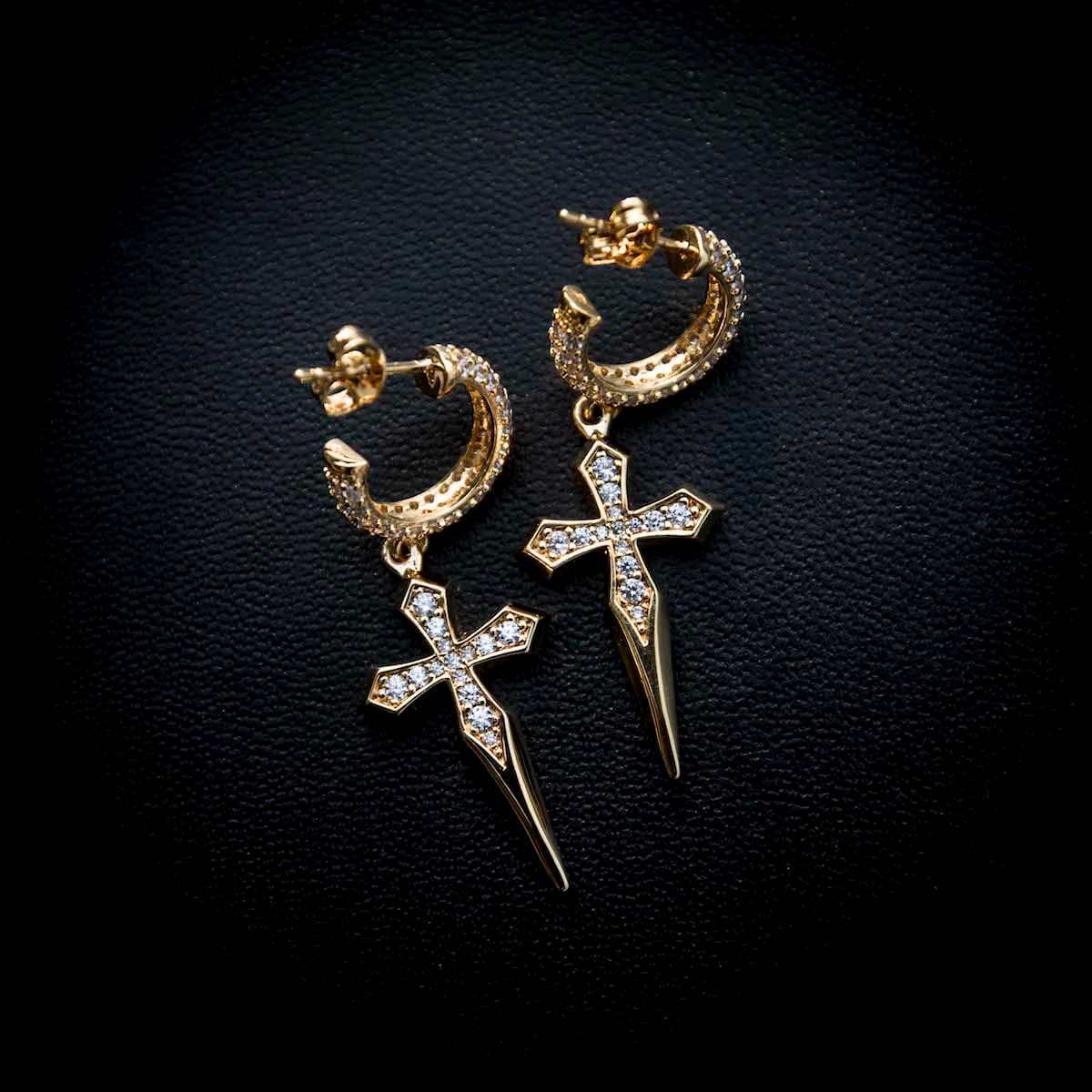 Dripping Cross Hoop Earrings in Yellow Gold