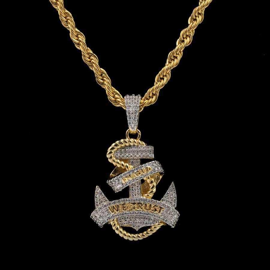 Iced Anchor Pendant in Yellow Gold
