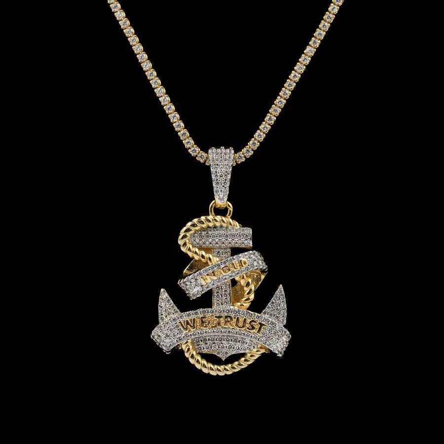 Iced Anchor Pendant in Yellow Gold