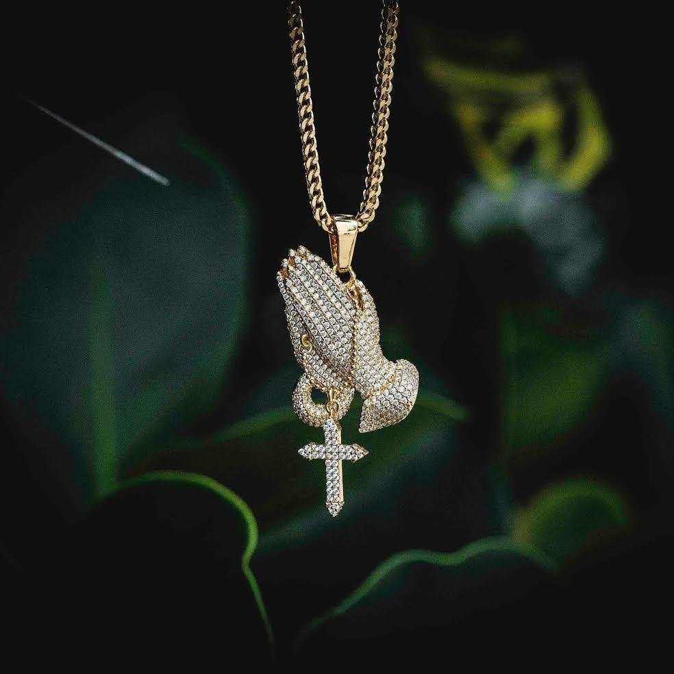 Iced Praying Hands with Cross Pendant in Yellow Gold