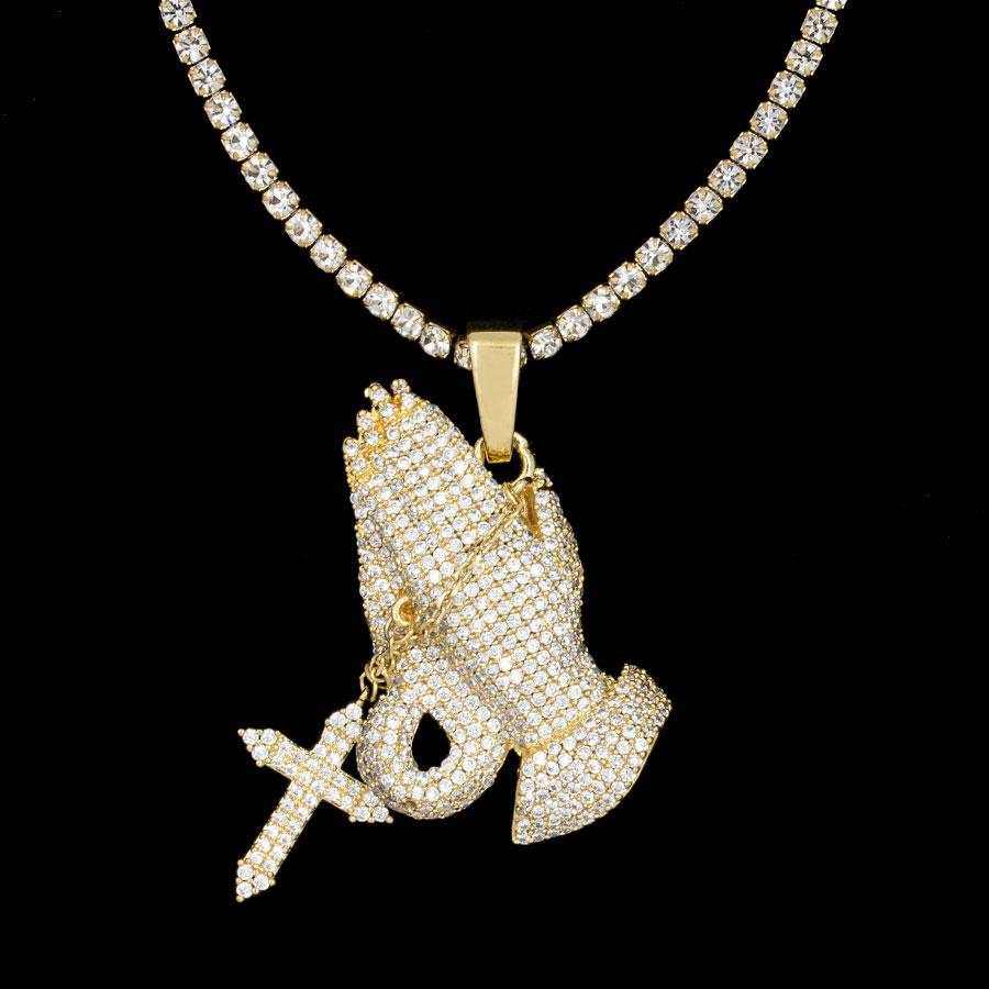 Iced Praying Hands with Cross Pendant in Yellow Gold