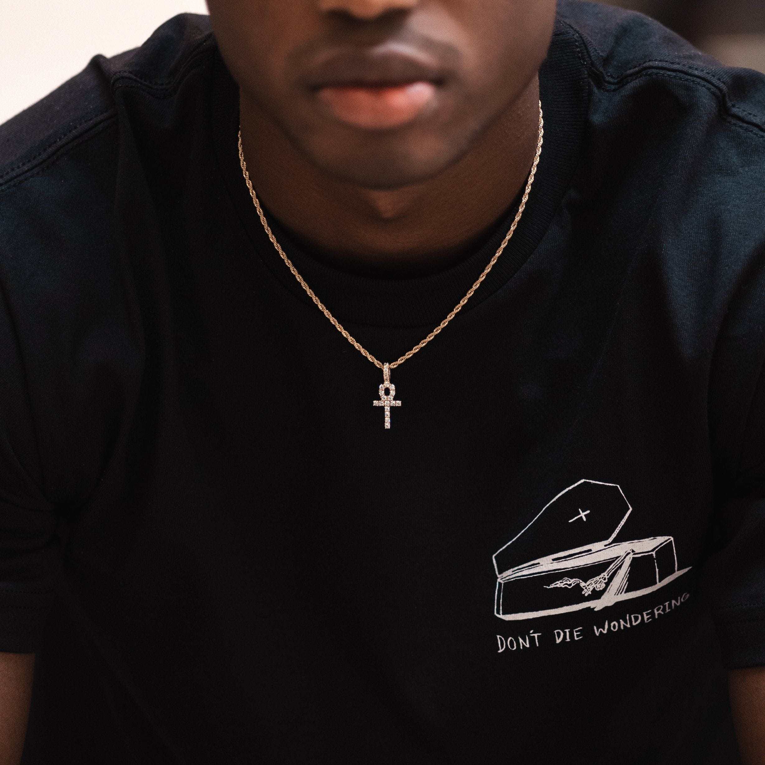 Micro Iced Ankh Cross Pendant in Yellow Gold