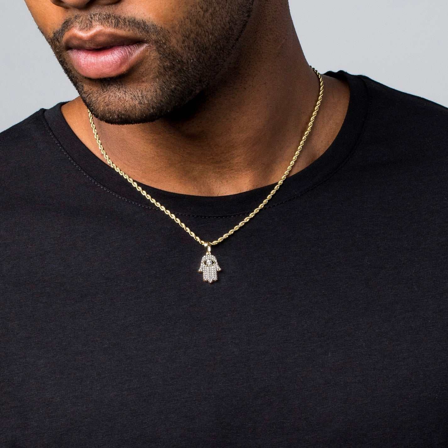 Micro Iced Hamsah Pendant in Yellow Gold