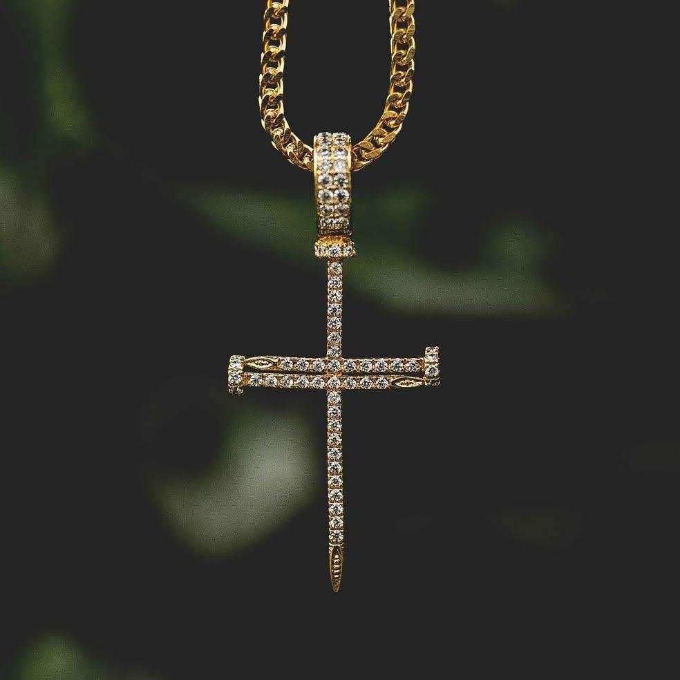 Iced Nail Cross in Yellow Gold