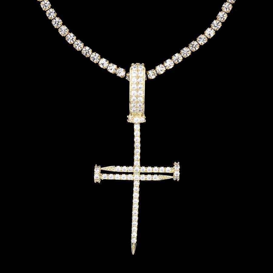 Iced Nail Cross in Yellow Gold