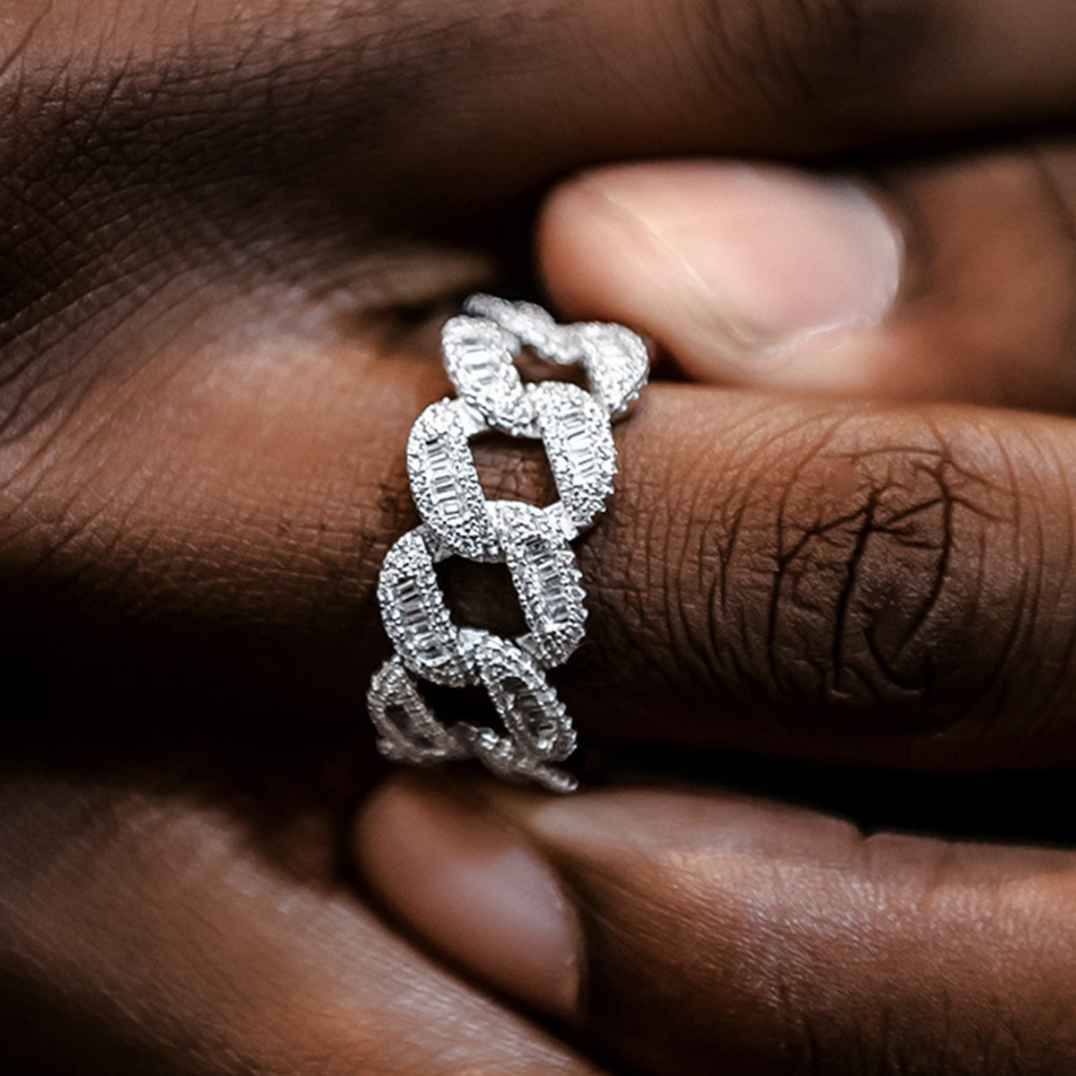 Iced Baguette Cuban Ring in White Gold Vermeil