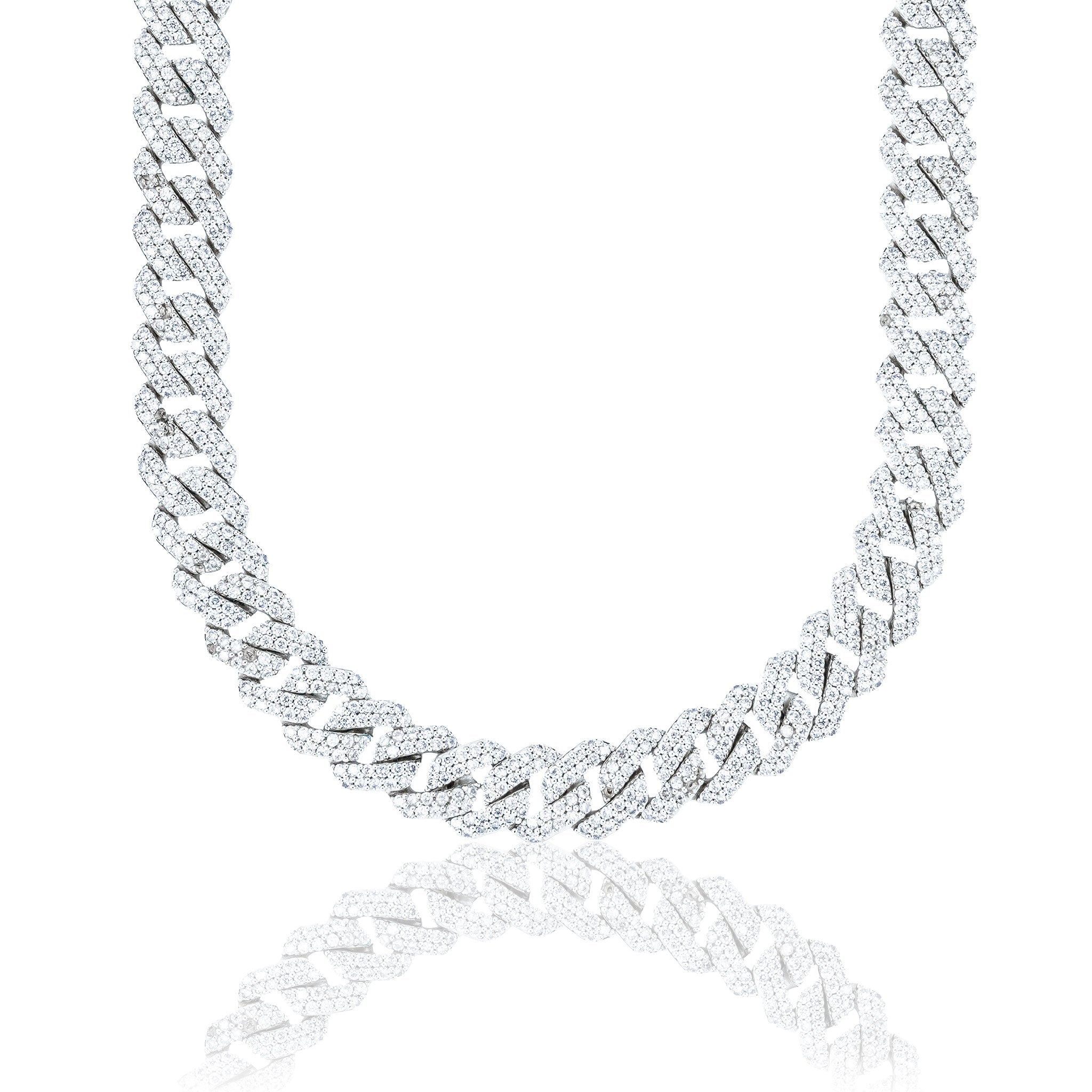 Men's Moissanite Diamond Prong Cuban Chain in White Gold Vermeil - 12mm