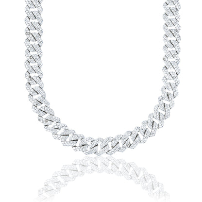 Men's Moissanite Diamond Prong Cuban Chain in White Gold Vermeil - 12mm