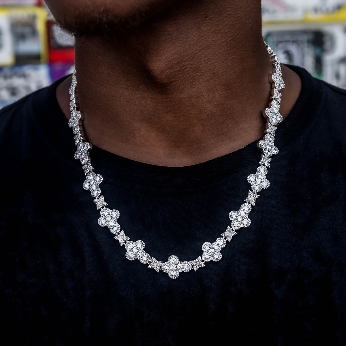 Rounded Cross Pave Star Chain in White Gold