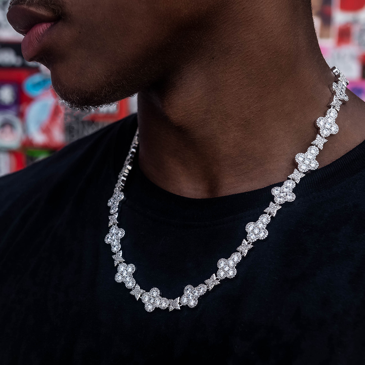 Rounded Cross Pave Star Chain in White Gold