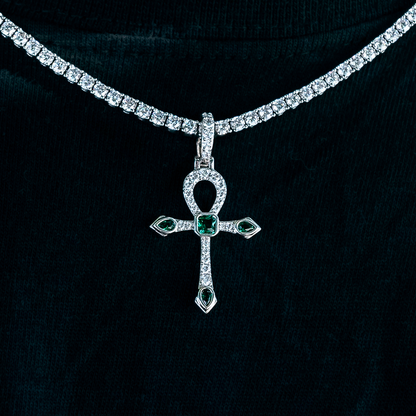 Emerald Stone Ankh Cross Pendant in White Gold