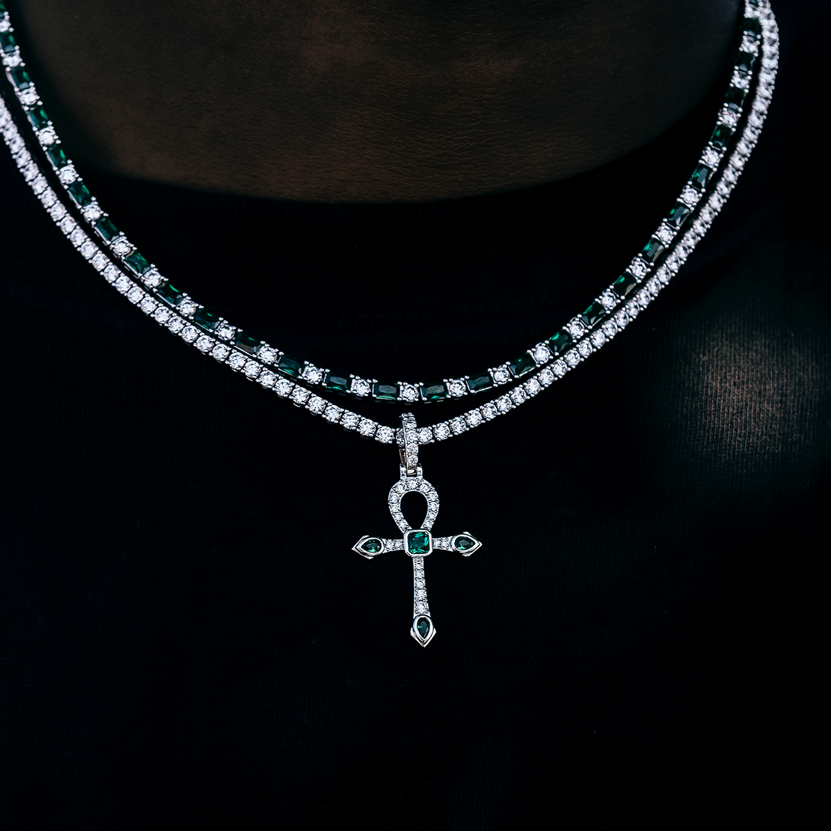 Emerald Stone Ankh Cross Pendant in White Gold