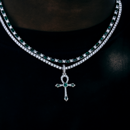 Emerald Stone Ankh Cross Pendant in White Gold
