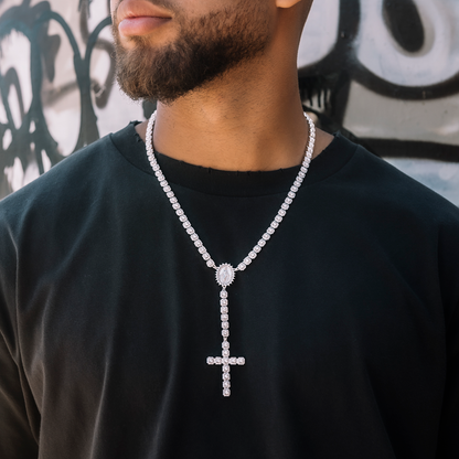 Men's Moissanite Micro Clustered Rosary Chain Necklace in White Gold Vermeil