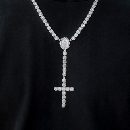 Men's Moissanite Micro Clustered Rosary Chain Necklace in White Gold Vermeil