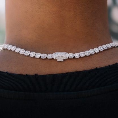 Men's Moissanite Micro Clustered Rosary Chain Necklace in White Gold Vermeil