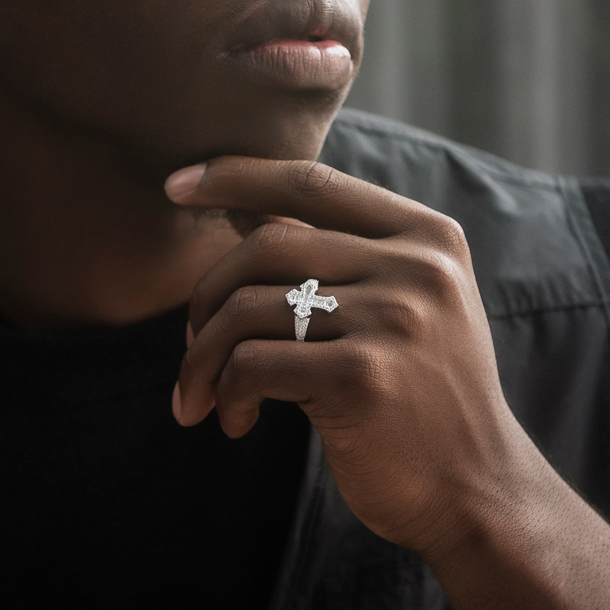 Diamond Baguette Gothic Cross Ring in White Gold Vermeil