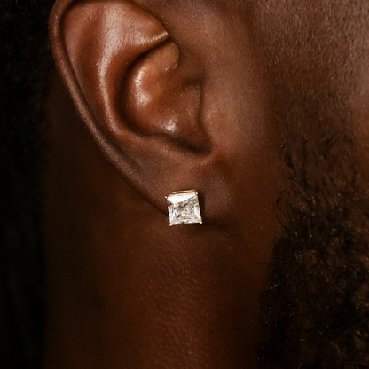 7mm Square Cut Diamond Stud Earrings in Yellow Gold