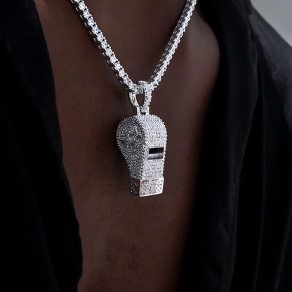Iced Functioning Coaches Whistle Pendant in White Gold