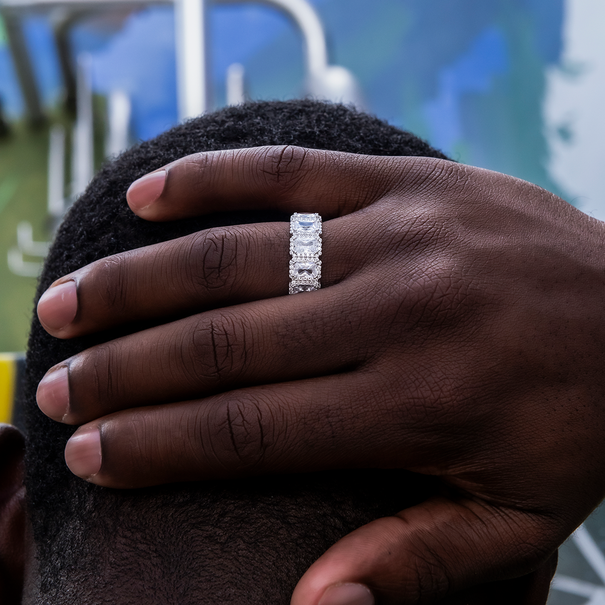 Diamond Baguette Halo Ring in White Gold Vermeil