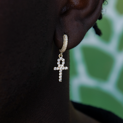 Iced Ankh Cross Hoop Earrings in Yellow Gold