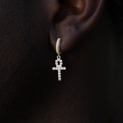 Iced Ankh Cross Hoop Earrings in Yellow Gold