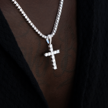 Men's Moissanite Diamond Cross Pendant in White Gold Vermeil