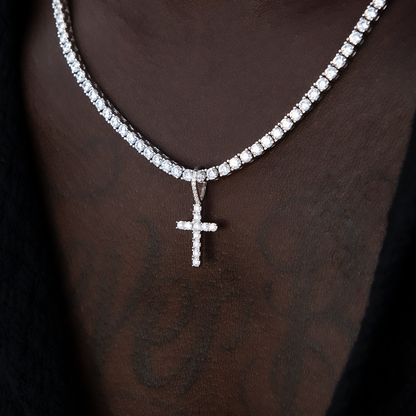 Men's Moissanite Diamond Cross Micro Pendant in White Gold Vermeil