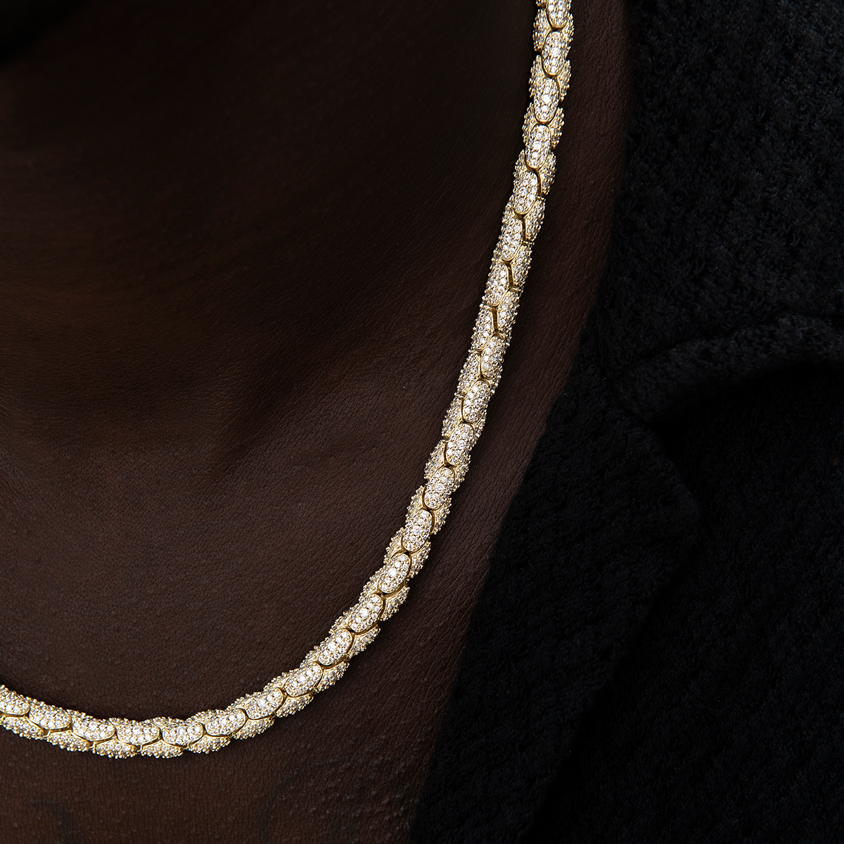 Diamond Pave Snake Link Chain in Yellow Gold-6mm