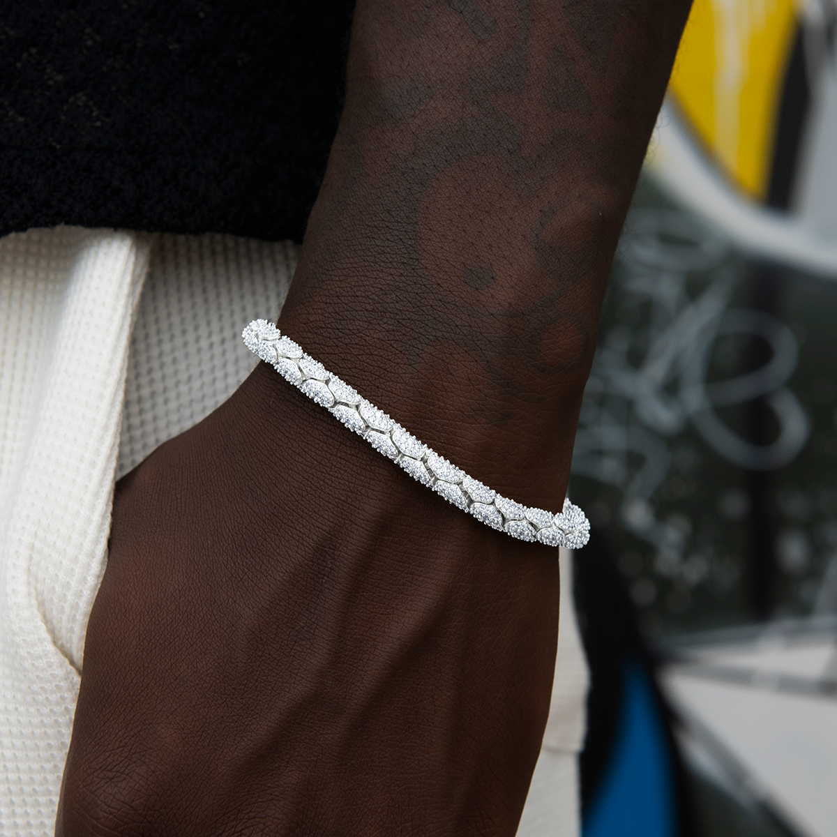 Diamond Pave Snake Link Bracelet in White Gold-6mm