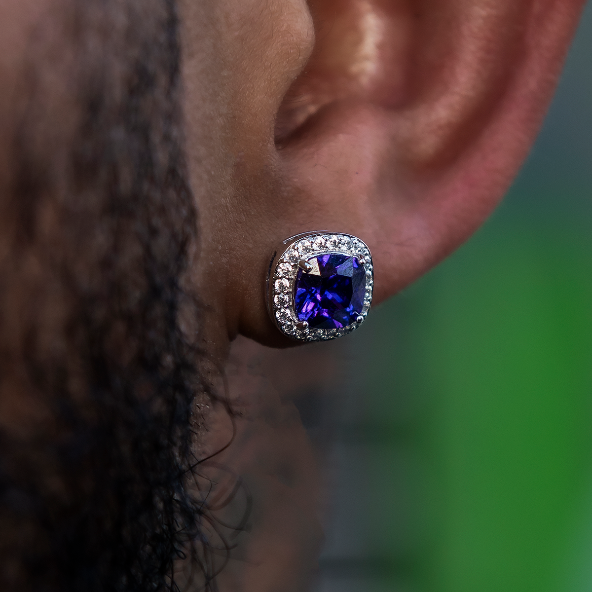 Purple Cushion Cut Earrings in White Gold