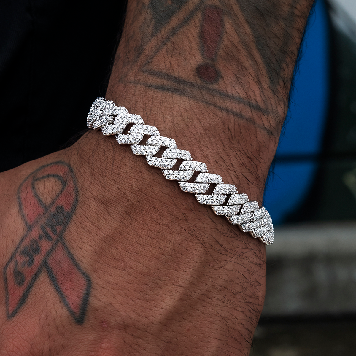 Lock & Key Diamond Prong Cuban Bracelet in White Gold- 12mm