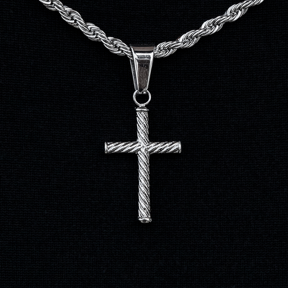 Micro Twisted Rope Cross Pendant in White Gold