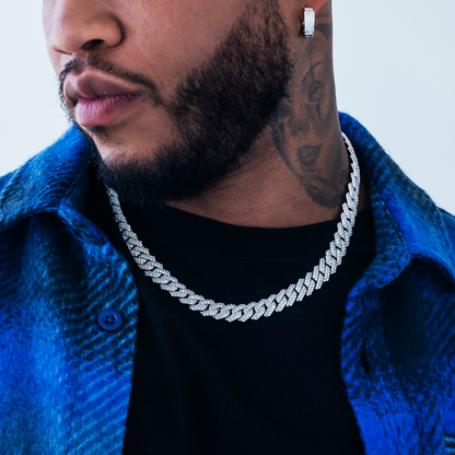 Men's Moissanite Diamond Prong Cuban Chain in White Gold Vermeil - 12mm