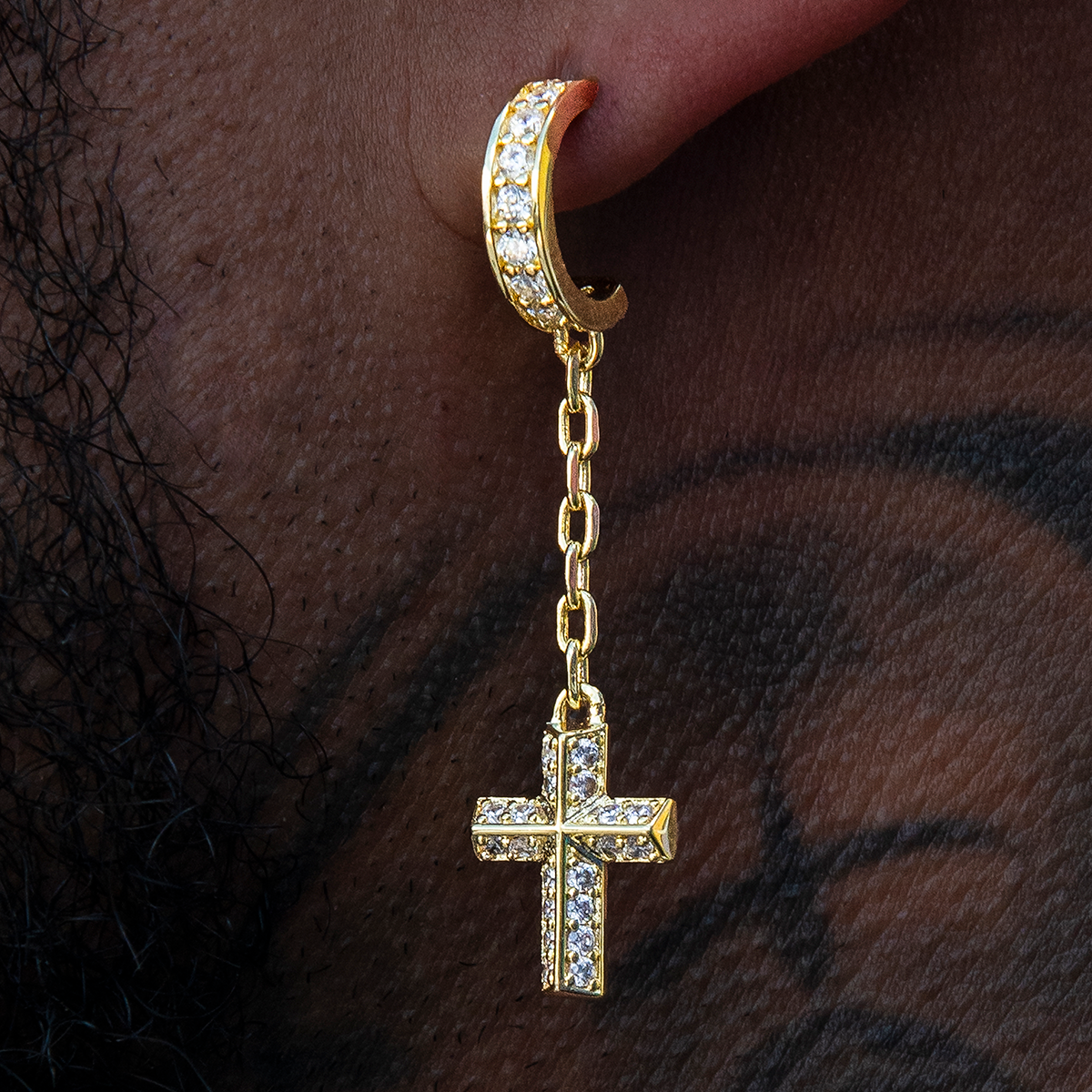 Iced Hoop Cross Drop Earrings - Gold