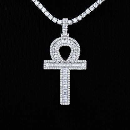 Men's Moissanite Ankh Cross Pendant in White Gold Vermeil
