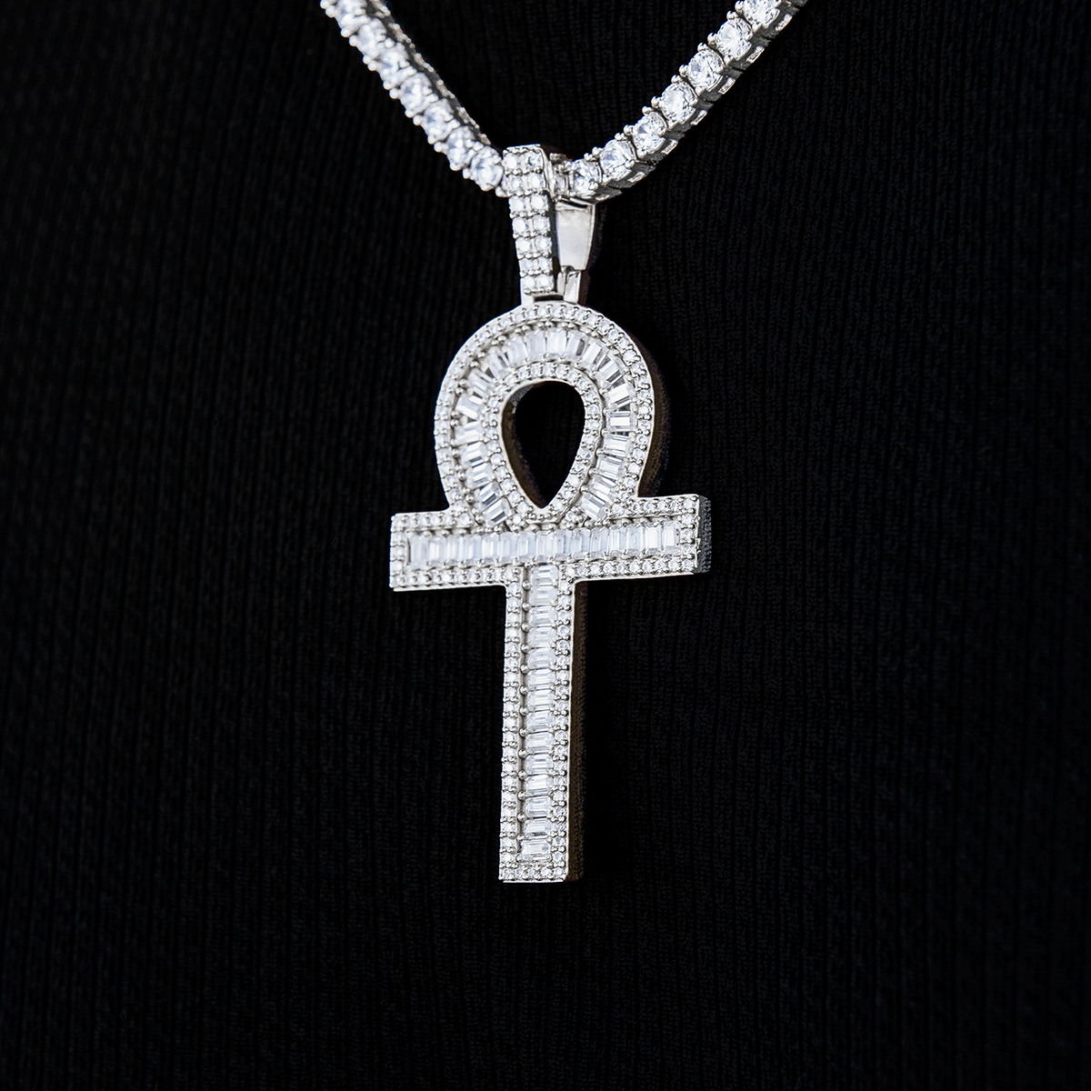 Men's Moissanite Ankh Cross Pendant in White Gold Vermeil