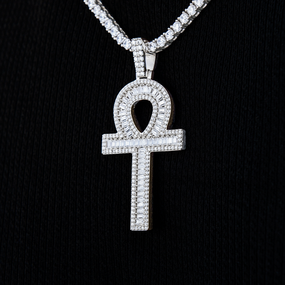 Men's Moissanite Ankh Cross Pendant in White Gold Vermeil