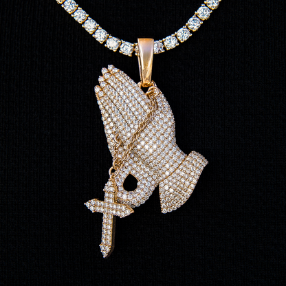 Men's Moissanite Praying Hands Pendant in Yellow Gold Vermeil