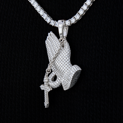 Men's Moissanite Praying Hands Pendant in White Gold Vermeil