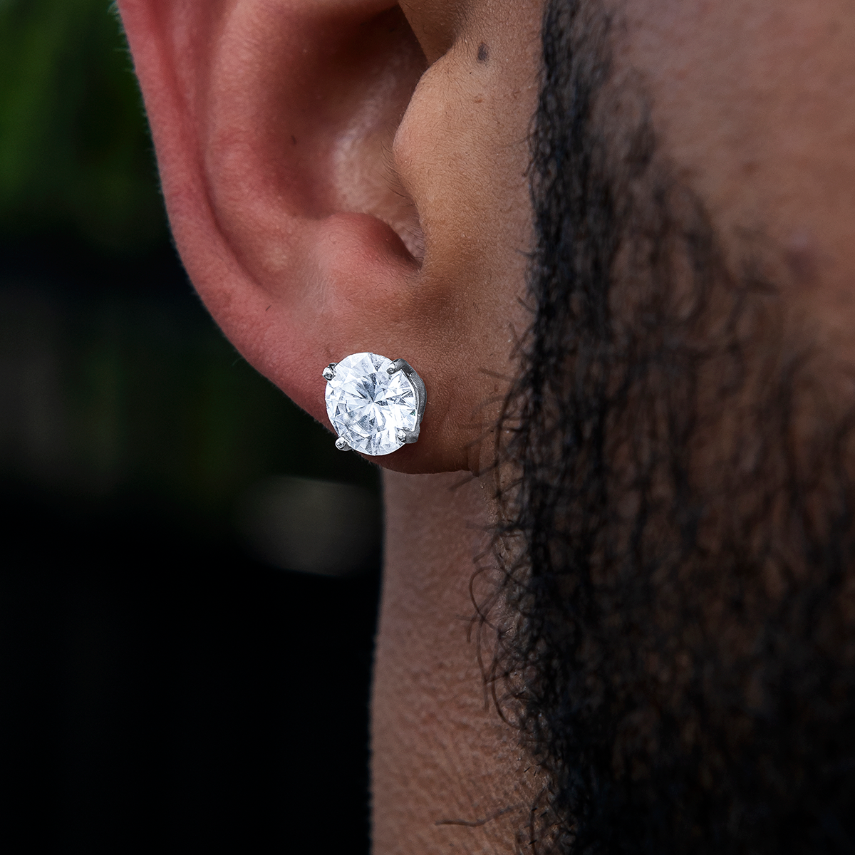 Men's 8MM Round Cut Moissanite Diamond Stud Earrings in White Gold Vermeil
