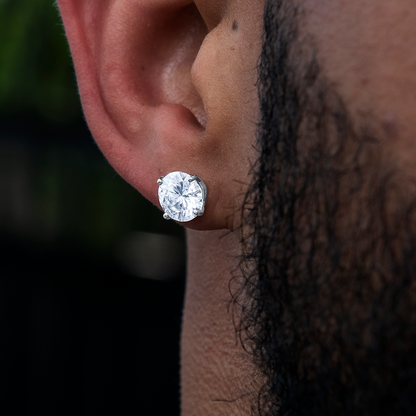Men's 8MM Round Cut Moissanite Diamond Stud Earrings in White Gold Vermeil